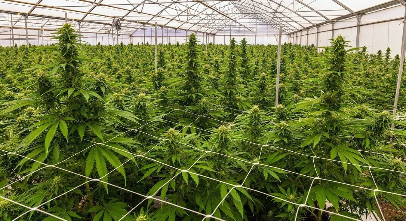 Rows of cannabis plants growing in a commercial greenhouse