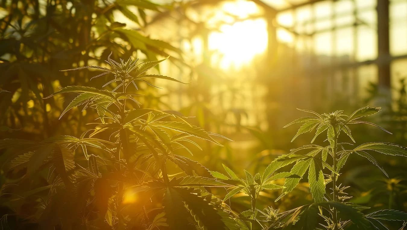 Sunset glow over cannabis plants in a greenhouse
